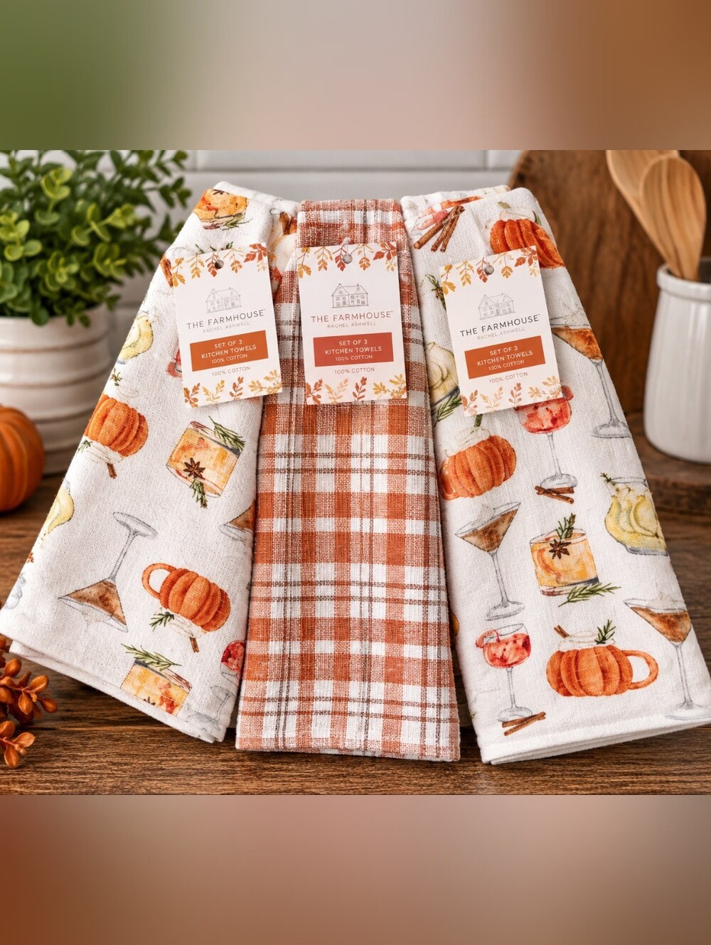 The Farmhouse Autumn Pumpkin & Plaid Kitchen Towel Set - Orange